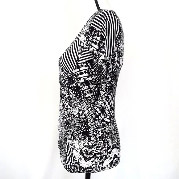 Style & Co Black & White Ruched Sleeve Stretch Top - Picture 4 of 13